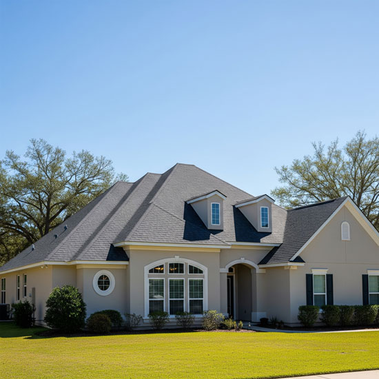 A professionally installed architectural shingle roof on a suburban home in Cantonment, FL.