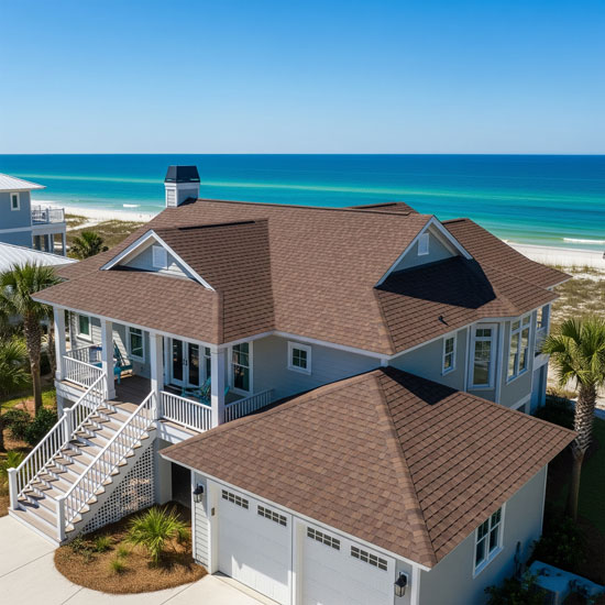 A beautiful, durable shingle roof on a home in Navarre, FL, built to withstand coastal weather.